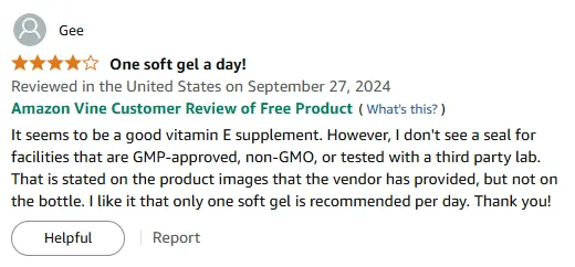 Vitamin E Softgel Review: Missing GMP Seal, 1 Daily Dose